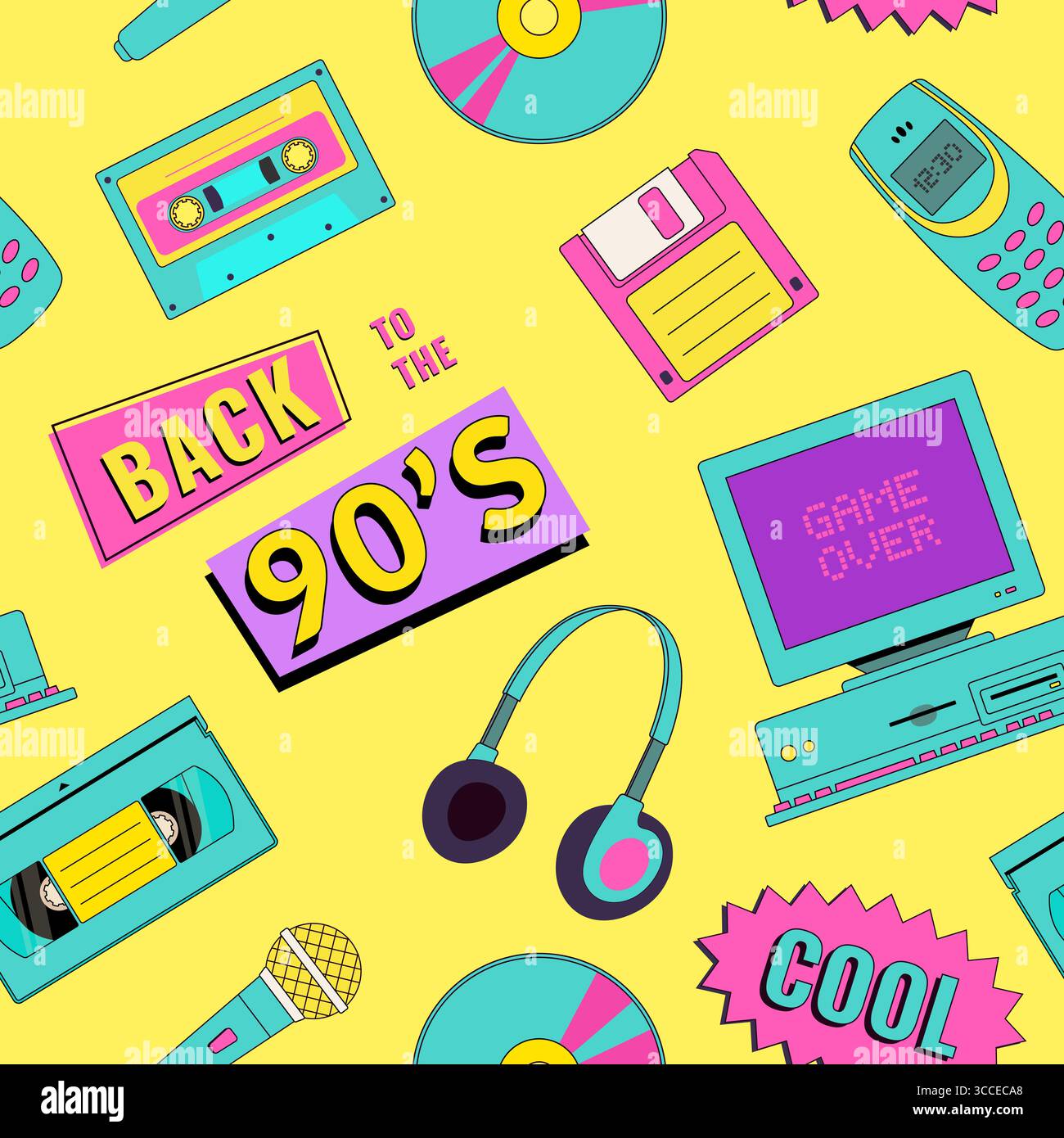 Nostalgia per gli articoli anni '90 motivo senza cuciture. Festival di musica retrò. Vecchio pc, cassetta, lettore d'epoca. Sfondi pop art, tessuti e stampa avvolgente Illustrazione Vettoriale