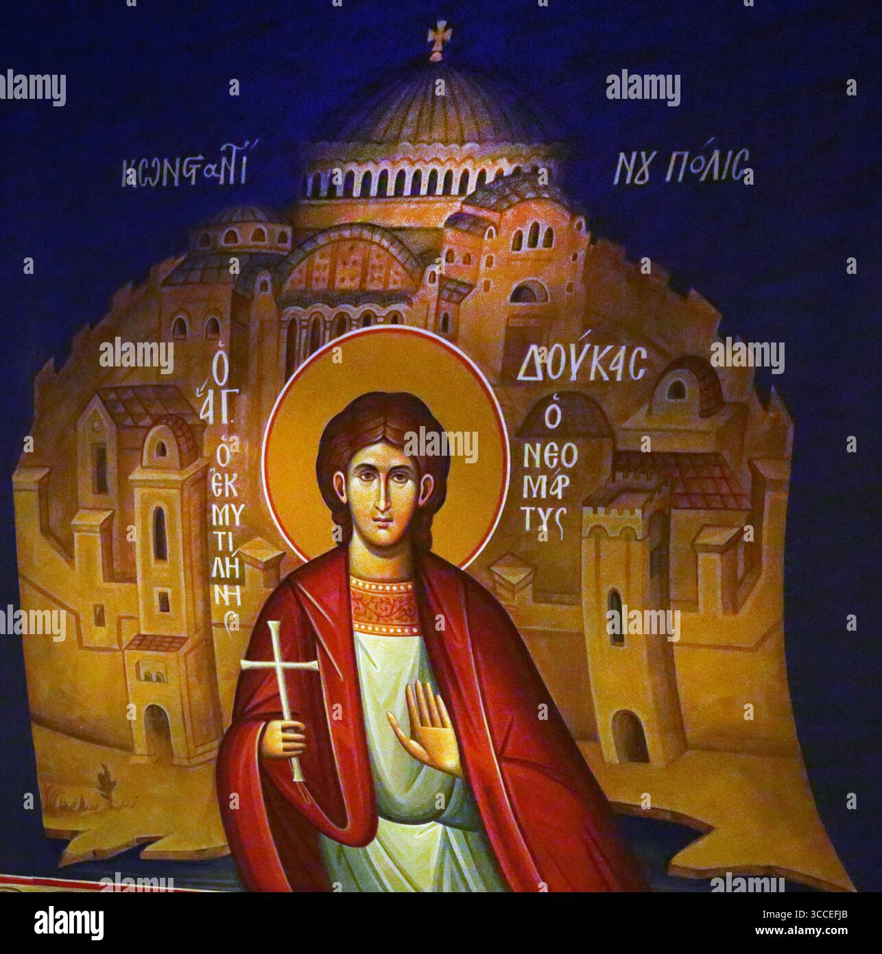 Icone di San Doukas il sarto di Mitilene (Neomartire) Constaninopoli città nell'assunzione di Maria Chiesa greco-ortodossa Voula Grecia Foto Stock