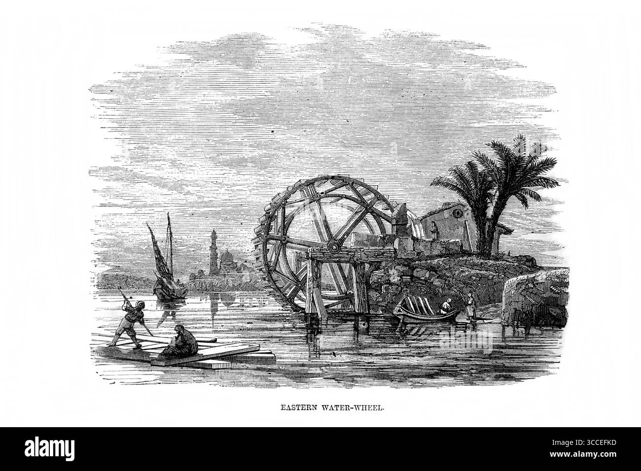 Illustrazione dell'antica ruota ad acqua dell'Antico XIX secolo la Sacra Bibbia contenente il Vecchio e il nuovo Testamento con note esplicative, riferimenti Foto Stock