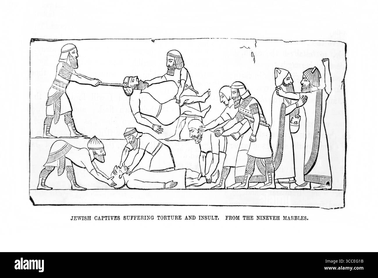Illustrazione dei prigionieri ebrei che subiscono torture e insulti dai Marmi di Ninive dell'Antica Ottocento la Sacra Bibbia che contiene il Vecchio Foto Stock