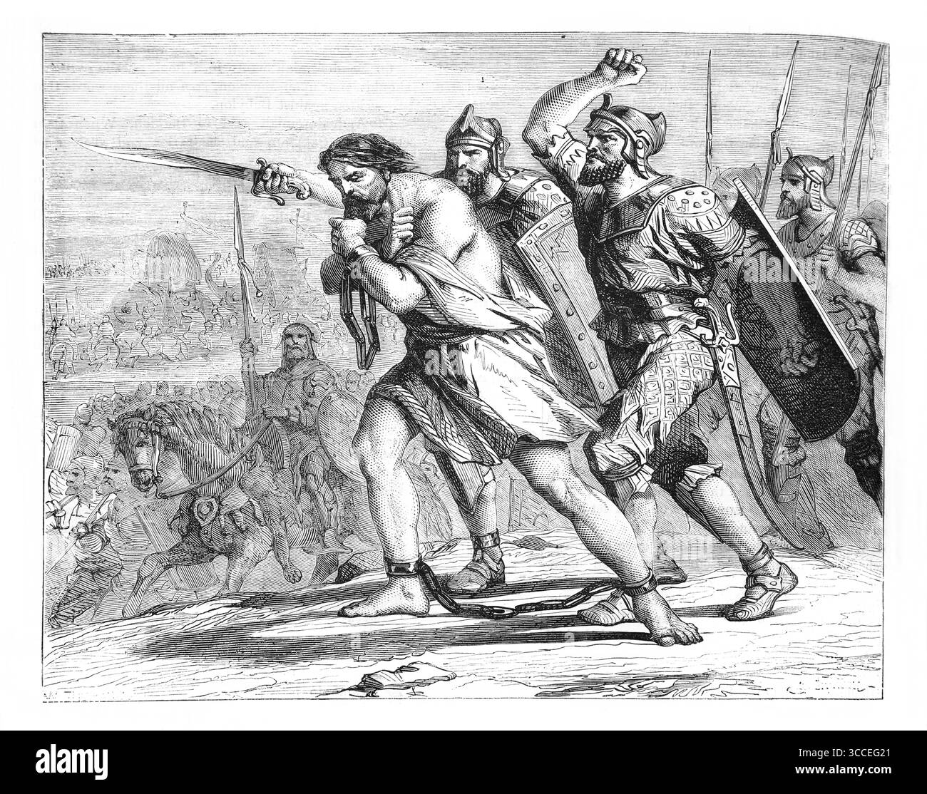 Illustrazione di Zedekiah portato via prigioniero in catene Geremia LII.11 dall'Antico XIX secolo la Sacra Bibbia contenente l'Antico e il nuovo Testamento Foto Stock