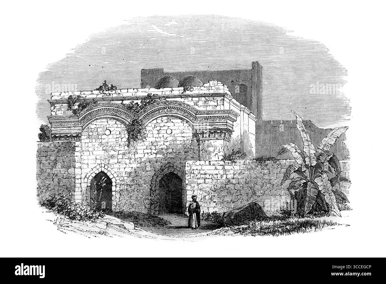 Illustrazione dei resti della porta d'Oro a Gerusalemme dall'Antico XIX secolo la Sacra Bibbia contenente l'Antico e il nuovo Testamento con Explan Foto Stock