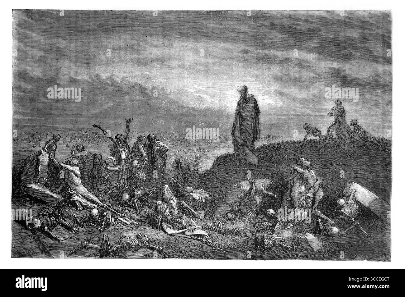 Illustrazione della visione di Ezechiele della Valle delle ossa secche (Ezechiele XXXVII) dall'Antica Ottocento la Sacra Bibbia contenente la vecchia e la nuova T Foto Stock