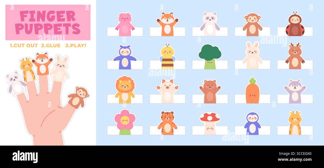 Marionette di carta. Giocattoli divertenti per tagliare e giocare per i bambini. Modelli di api volpe orso gatto leone maiale giraffa fungo scimmia, set di vettori racy Illustrazione Vettoriale