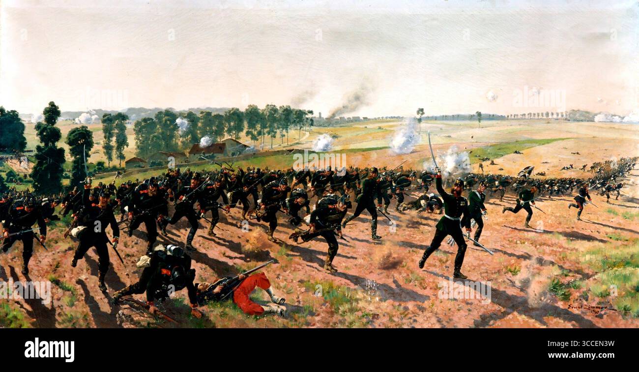 Guerra franco-prussiana. Dipinto intitolato 'Das Lauenburgische Jäger-Bataillon Nr. 9 bei Gravelotte' (battaglione cacciatori di Lauenburg No. 9 a Gravelotte) di Ernst Zimmer, 1910 Foto Stock