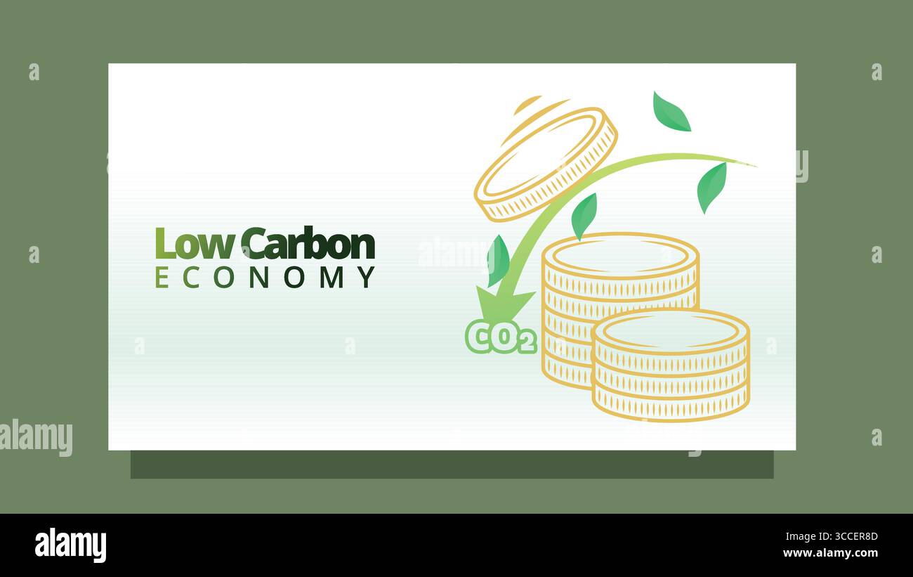 concetto di economia a basse emissioni di carbonio. monete e foglie. modello di dimensioni dello schermo moderno e pulito per immagini vettoriali di presentazione o web Illustrazione Vettoriale