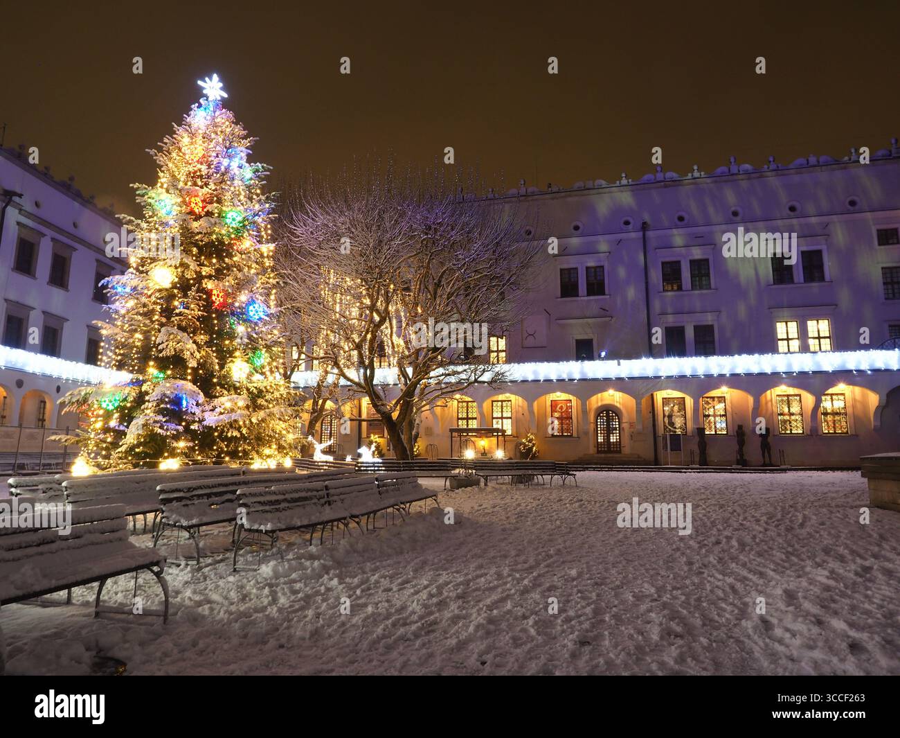 Albero di Natale nel cortile del Castello dei Duchi di Pomerania, Szczecin, Polonia di notte Foto Stock