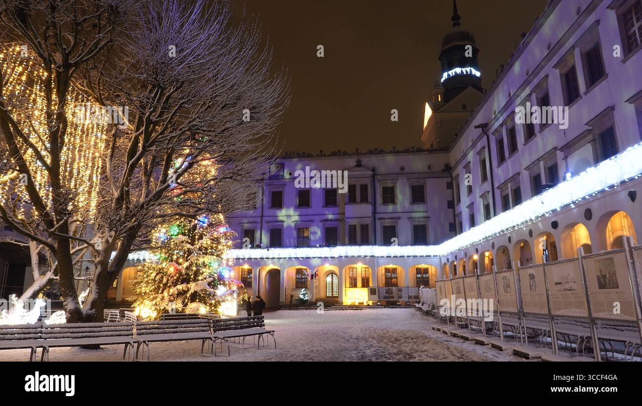Albero di Natale e luci festive nel cortile innevato di notte, Szczecin, Polonia Foto Stock