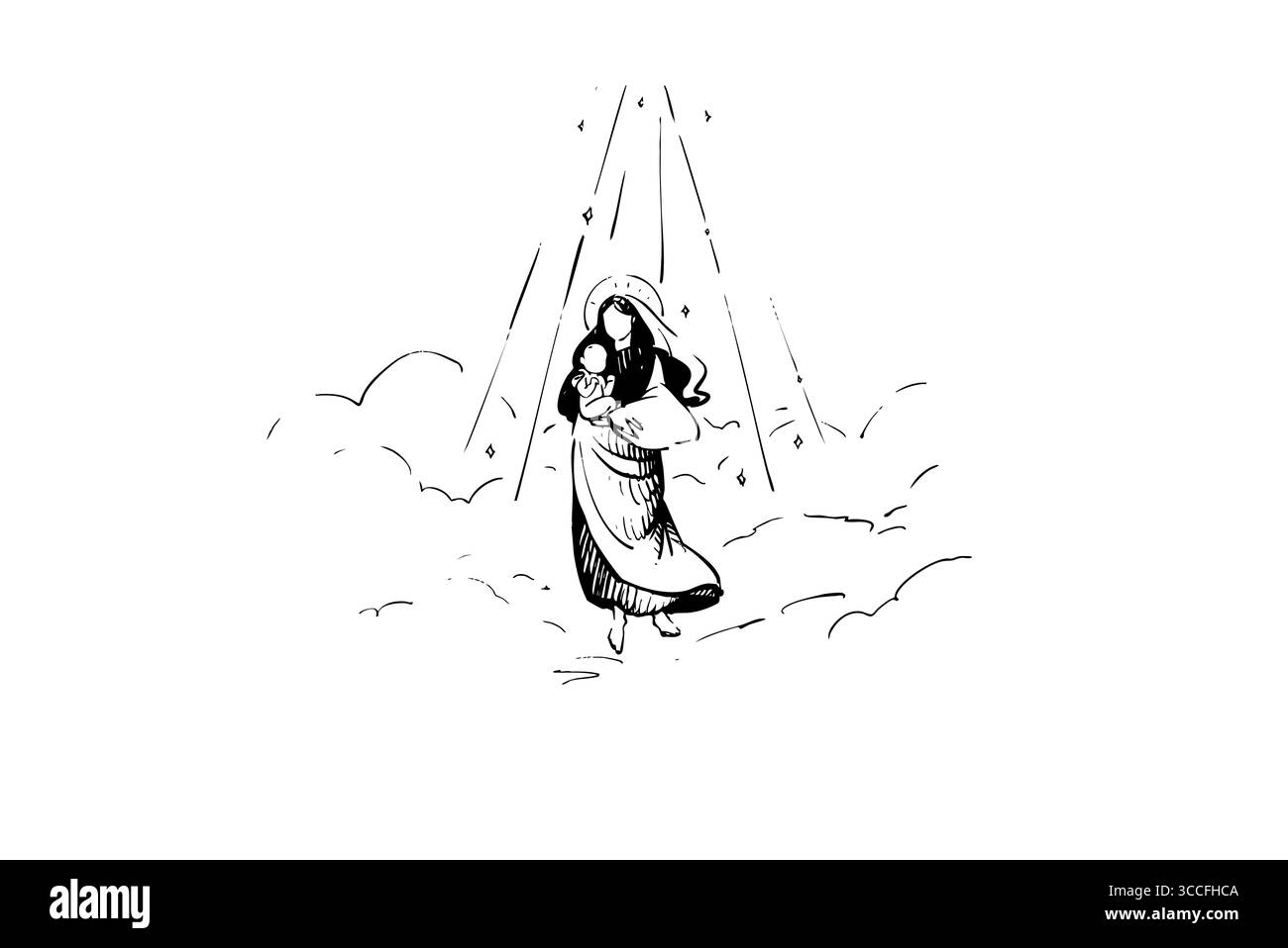 Viaggio divino una presenza eterea in un paesaggio celeste, trascendendo tutti i confini terrestri Foto Stock