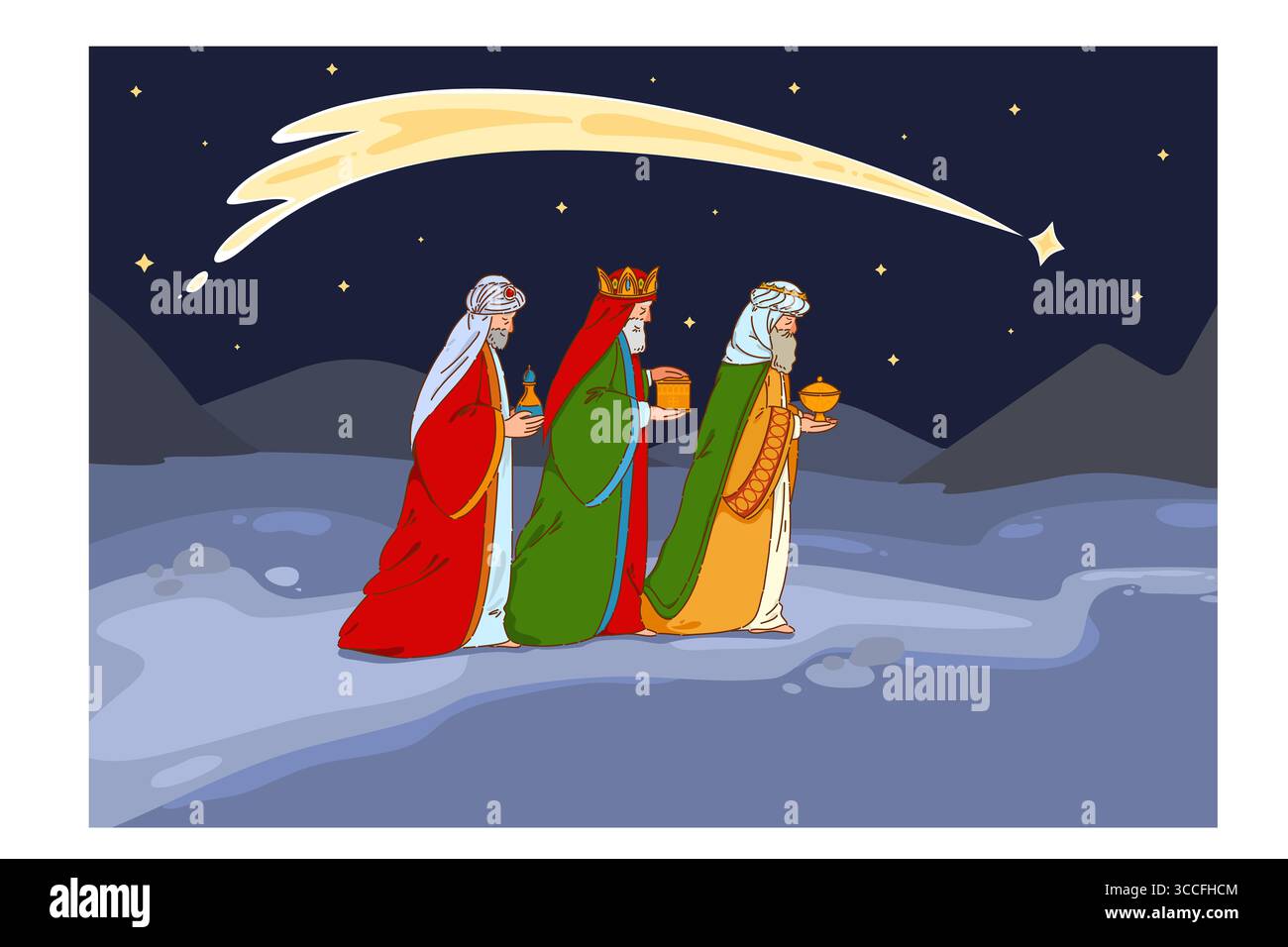 The tale of the Three Wise Men Seguing the Star in the Magical Journey in the Night Sky Foto Stock
