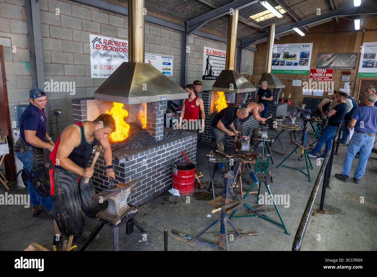 I fabbri competono in gare di ferro ornamentale e ferro battuto al Royal Welsh Show. Fanno scarpe adatte ai cavalli. Foto Stock