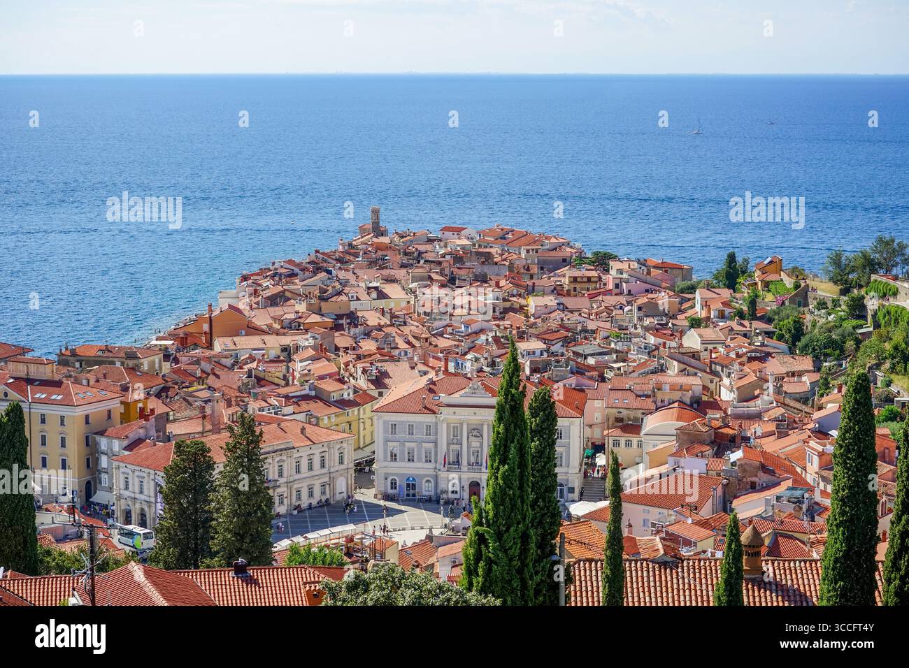 Vista panoramica dalle mura di Pirano, Slovenia Foto Stock