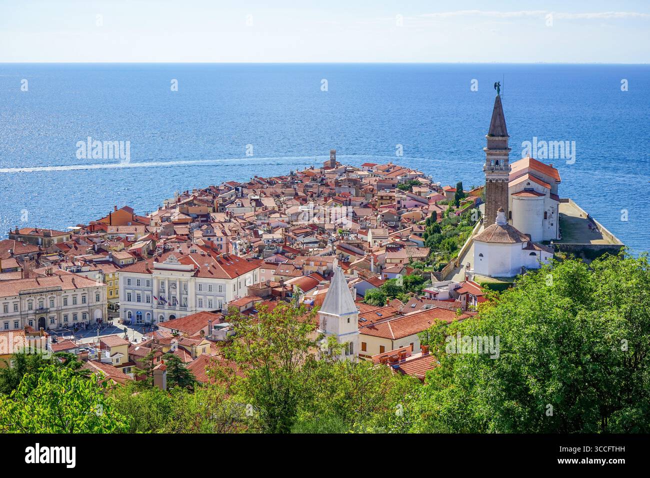 Vista panoramica dalle mura di Pirano, Slovenia Foto Stock