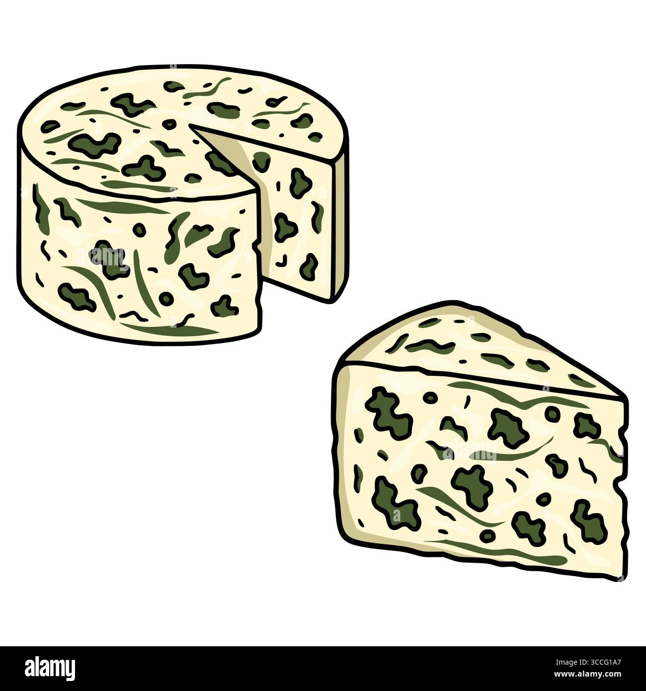 Illustrazione vettoriale di un formaggio Roquefort con muffa verde, raffigurato come un intero pezzo rotondo e un cuneo separato, che mostra uno stile disegnato a mano con audacia Illustrazione Vettoriale