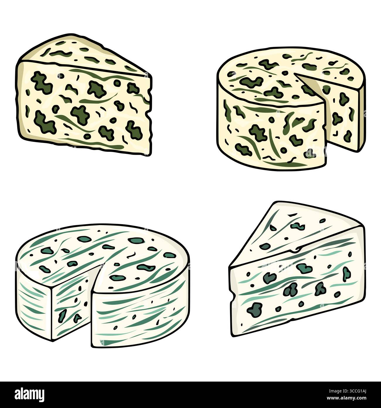 Un'illustrazione vettoriale con quattro formaggi Roquefort e Dorblu , che mostrano sia rotondi interi che fette di cuneo con venature dettagliate e schemi di muffa Illustrazione Vettoriale