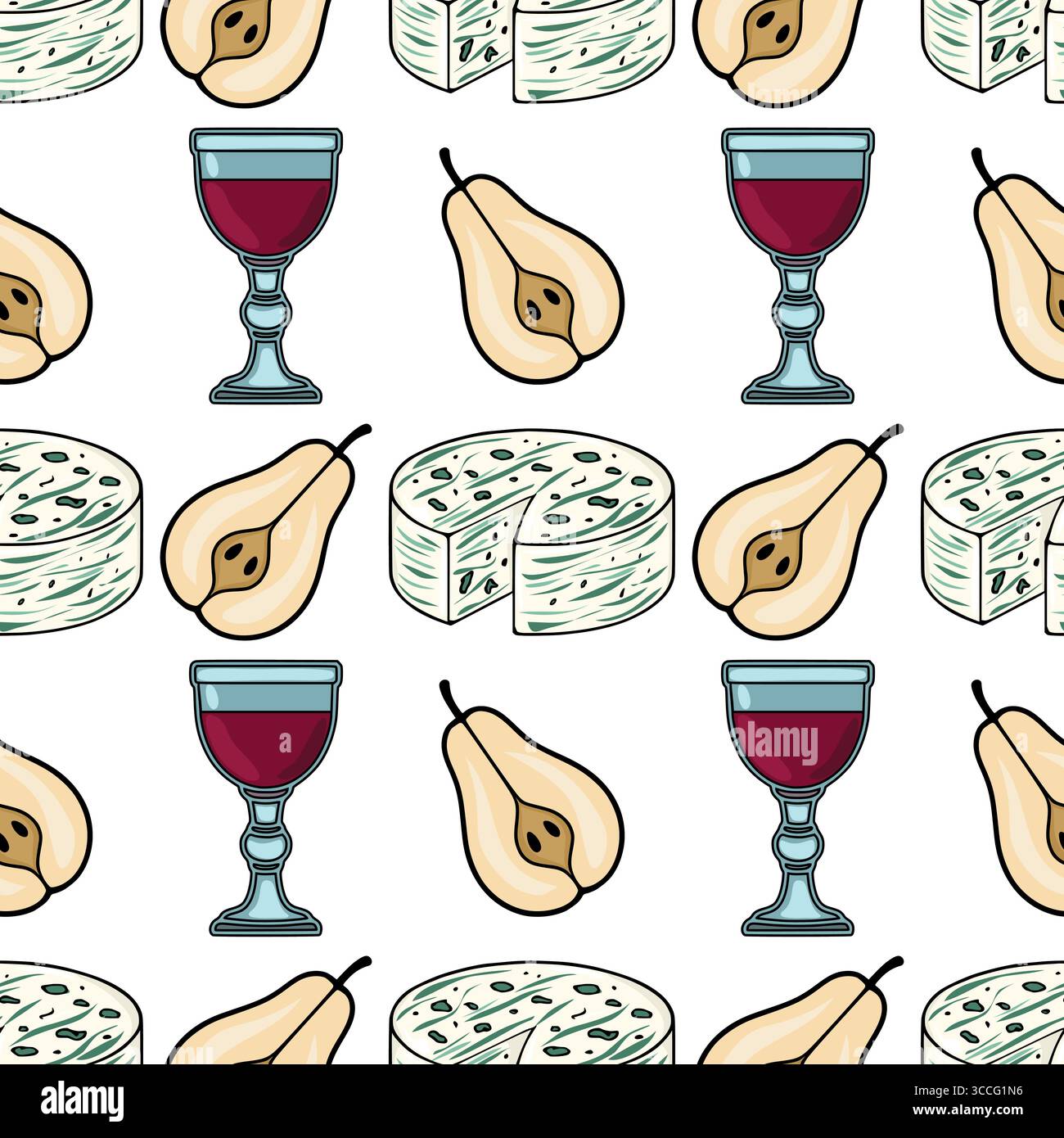 Motivo vettoriale senza cuciture con illustrazioni disegnate a mano di gorgonzola, pere mature e bicchieri di vino rosso, per creare un ambiente sofisticato e appetitoso Illustrazione Vettoriale