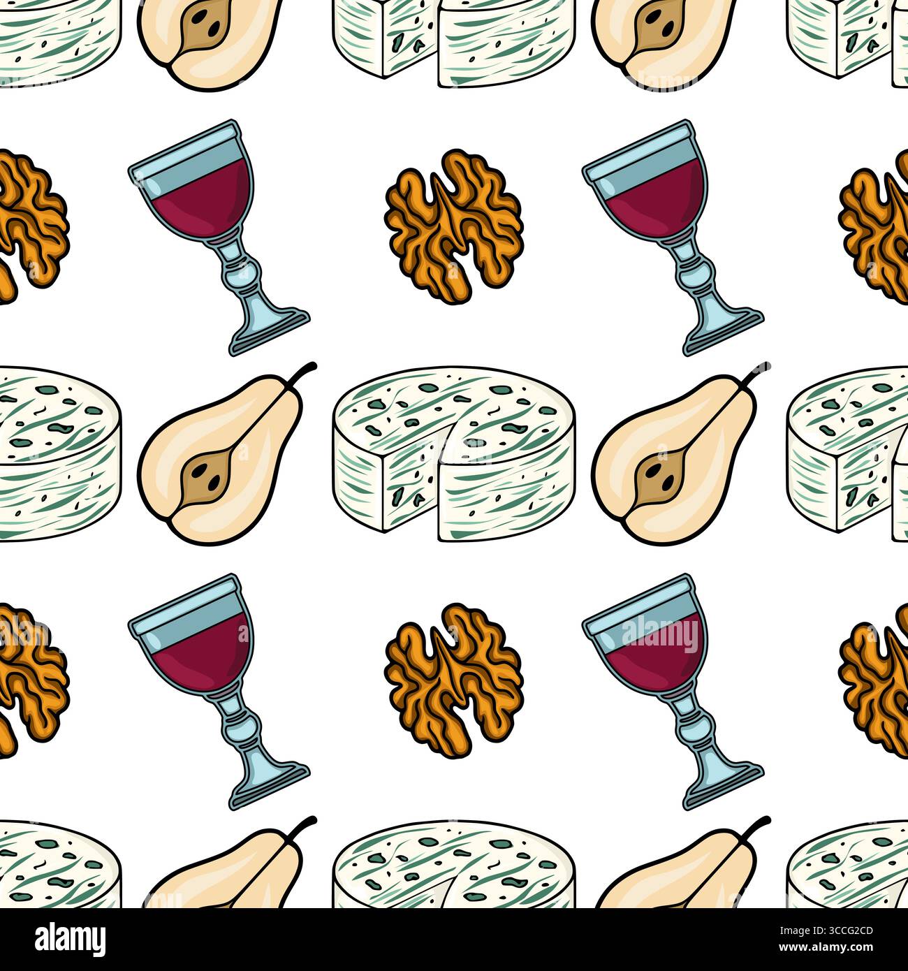 Motivo vettoriale senza cuciture con illustrazioni disegnate a mano di formaggio Dorblue, pere, noci e bicchieri di vino rosso, creando un sofisticato e ap Illustrazione Vettoriale