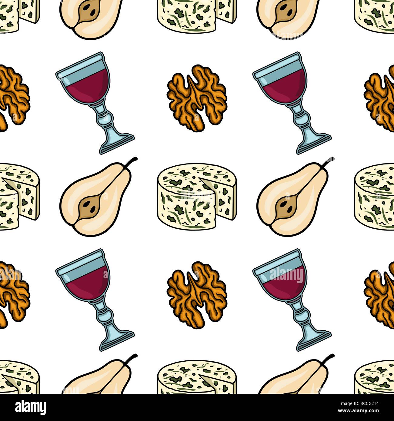 Motivo vettoriale senza cuciture con illustrazioni disegnate a mano di gorgonzola, pere, noci e bicchieri di vino rosso, creando un sofisticato e. Illustrazione Vettoriale