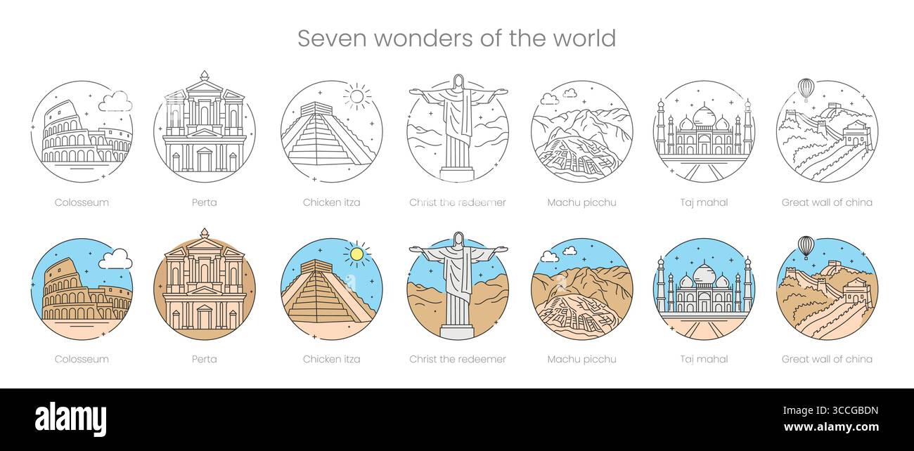 Sette meraviglie del mondo illustrazione vettoriale, Taj mahal, Colosseo, grande Muraglia Cinese, Cristo Redentore, Machu Picchu e Chichen Itza Lineart Illustrazione Vettoriale