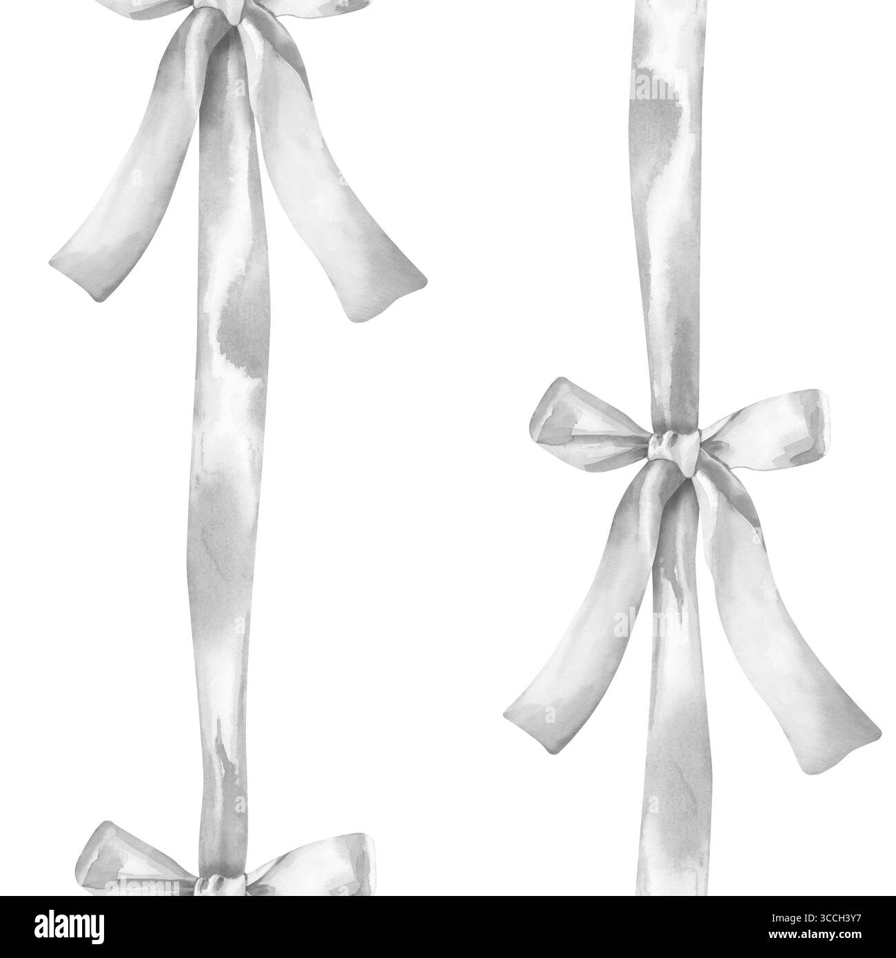 Motivo verticale senza cuciture con nastri e fiocchi argentati, disegnati a mano su sfondo bianco. Illustrazione acquerello. Sfondo senza cuciture per tessuti Foto Stock