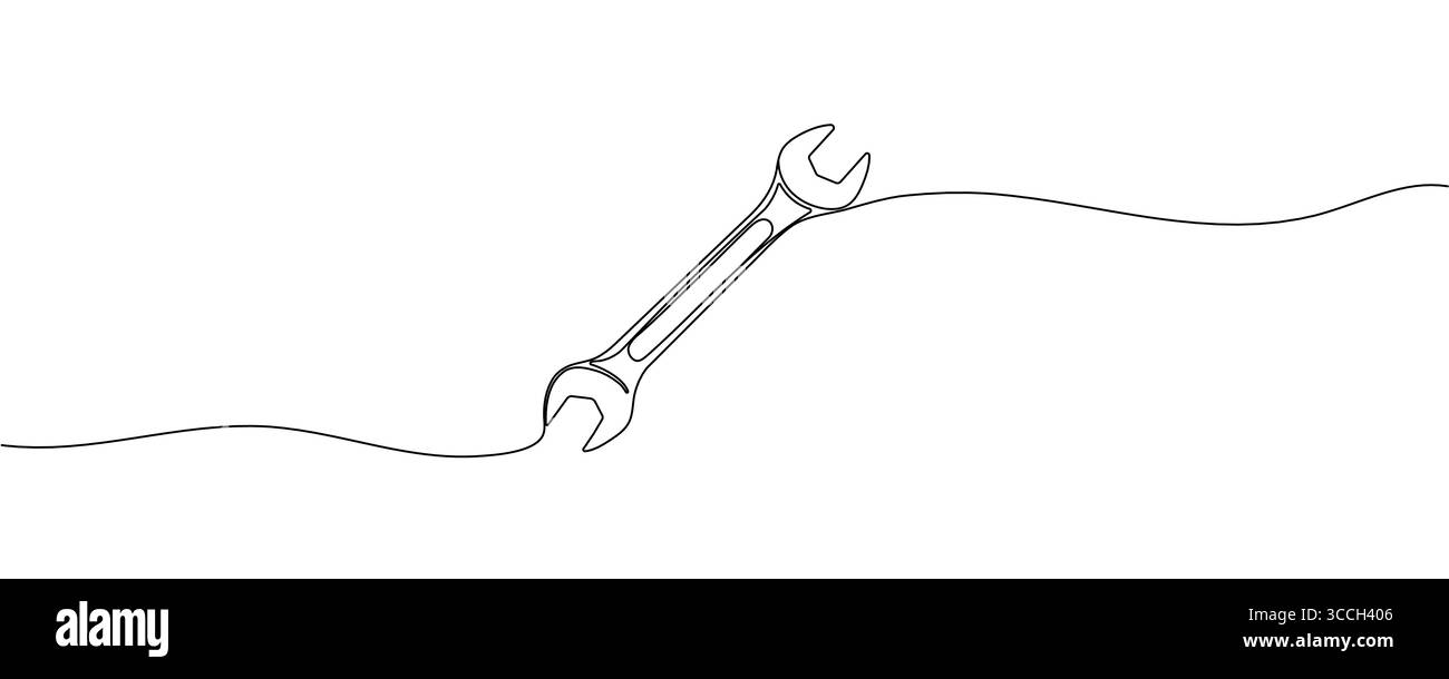 Icona della chiave inglese continua su una linea di disegno, traccia modificabile. Illustrazione Vettoriale