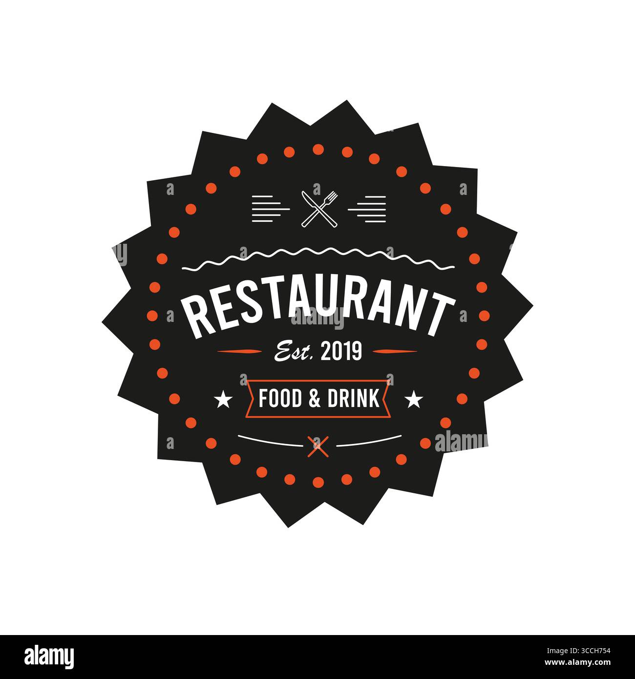 Modello con logo del ristorante con cappello da chef e icone di posate Illustrazione Vettoriale