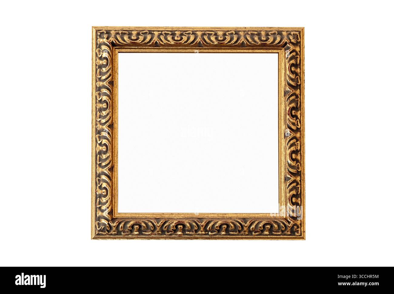 Cornice per immagini vuota dorata decorata, mockup vuoto per vista frontale quadrata Foto Stock