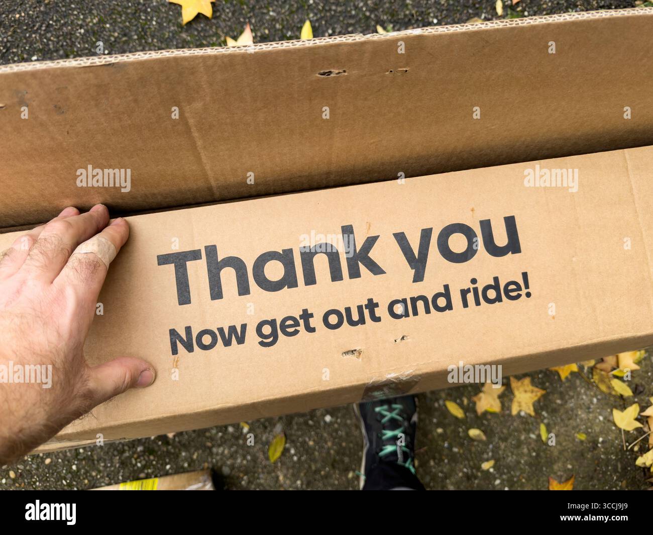 Friburgo, Germania - 14 novembre 2023: Scatola di cartone marrone con "Grazie, ora uscite e andate!" slogan, visto durante l'unboxing all'aperto con mano e urla Foto Stock