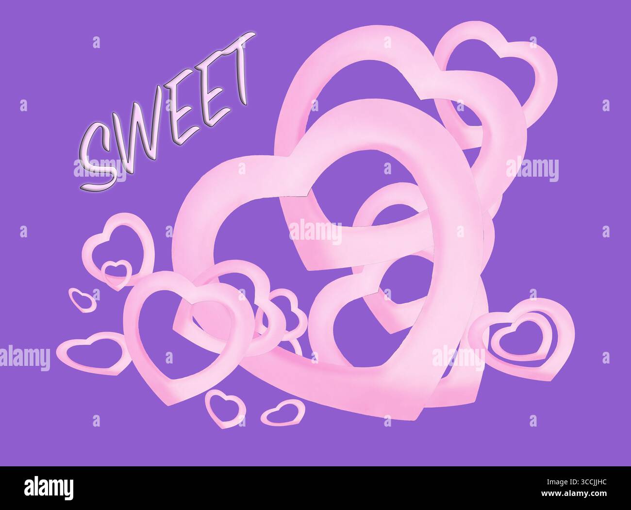 La parola è DOLCE nei cappucci circondati da contorni a forma di cuore in carta ritagliata in rosa con ombre dimensionali. Tutte le dimensioni di cuori multipli si muovono e si diffondono. Foto Stock