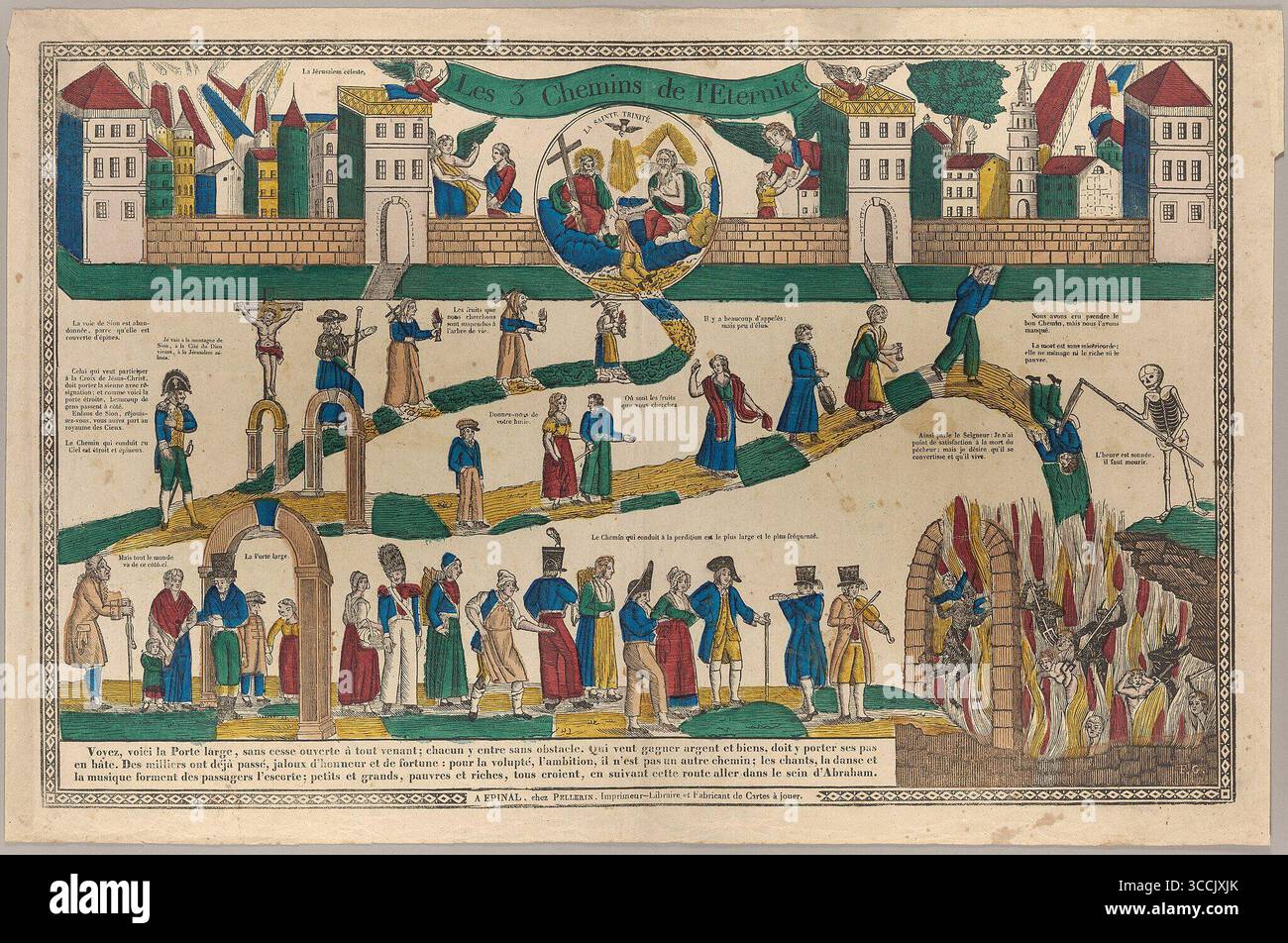 Opera d'illustrazione storica intitolata Les 3 Chemins de l'Eternité (le 3 strade per l'eternità) di Georgin Francesco, creata nel 1825. Una mappa allegorica di arte popolare ispirata a Matteo 7:13-14, che raffigura lo stretto percorso verso la salvezza e l'ampia strada verso la distruzione, con scene simboliche di cielo, inferno e scelte umane. Foto Stock