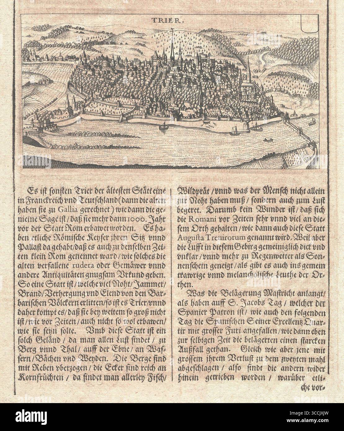 Incisione storica in rame della città di Treviri, Germania, con una vista panoramica dettagliata e un testo descrittivo in tedesco. Dall'Inventarium Sveciae di Johann Ludwig Gottfried e Friedrich Hulsius, pubblicato a Francoforte sul meno, 1632. Foto Stock