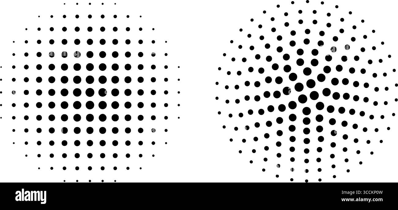 Set di cerchi punteggiati con effetto mezzitoni. Forme rotonde con stampa a pois isolata su sfondo bianco. Design pop art. Trame perforate. Illustrazione grafica vettoriale. Illustrazione Vettoriale