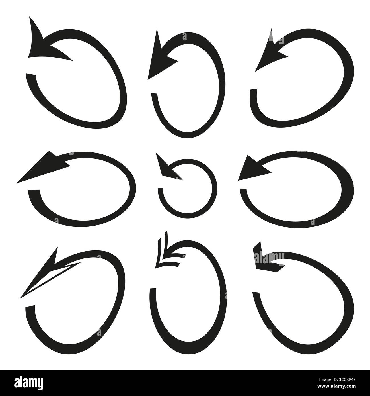 Set frecce circolari. Raccolta dei simboli di rotazione. Icona Aggiorna ricarico vettore. Illustrazione del movimento di direzione. Illustrazione Vettoriale