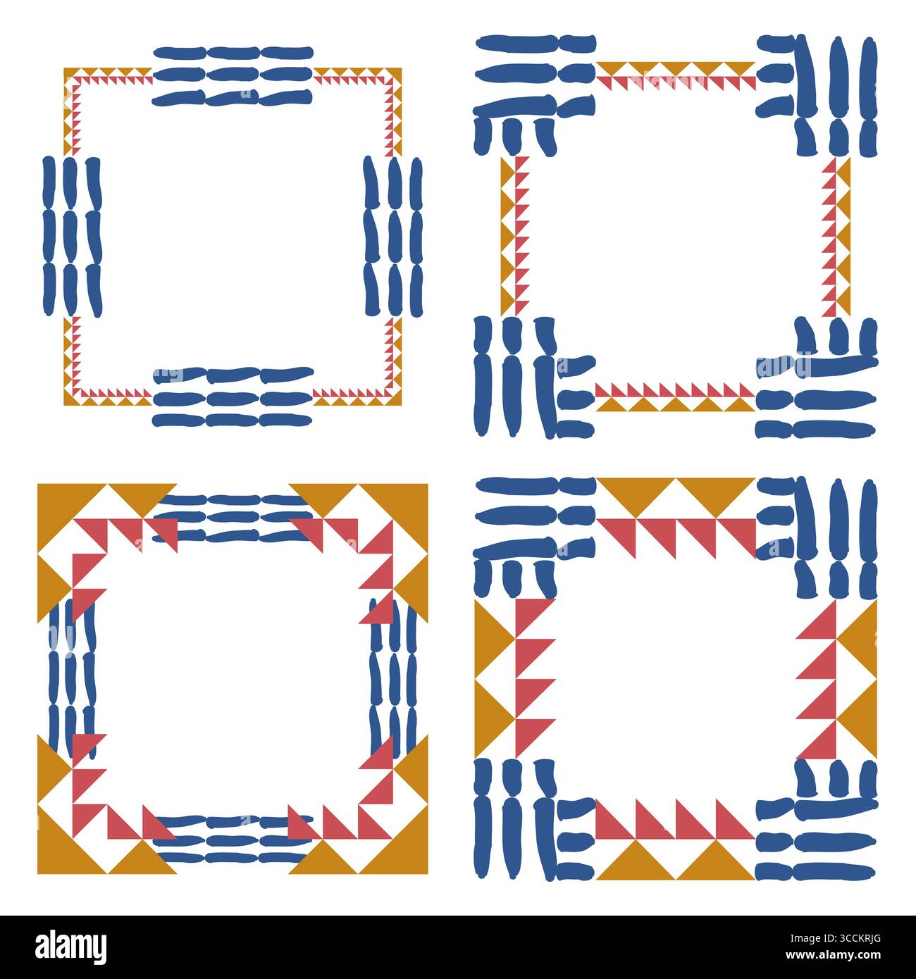 Cornici a freccia decorative. Disposizione quadrata tribale. Forme blu delle dita. Triangoli geometrici rossi. Illustrazione Vettoriale