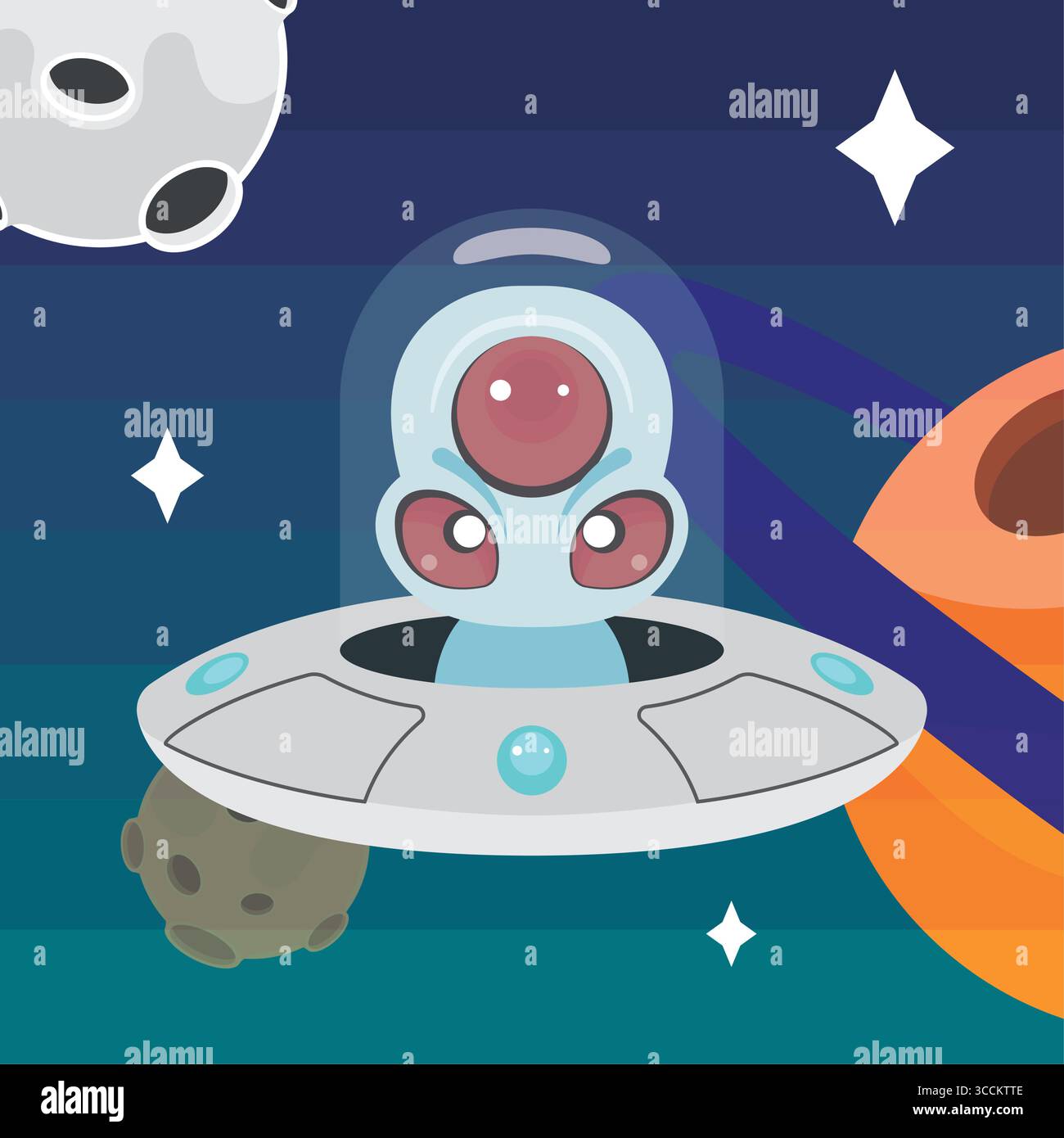 Alieno con tre occhi in UFO. Vettore Illustrazione Vettoriale