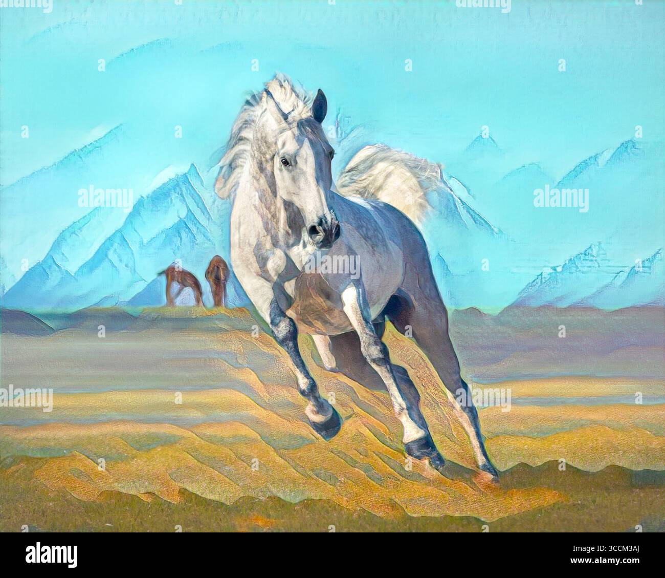 Il Quarterhorse mare di mele grigie corre su pascoli erbosi. Foto artistiche digitali stilizzate. Foto Stock