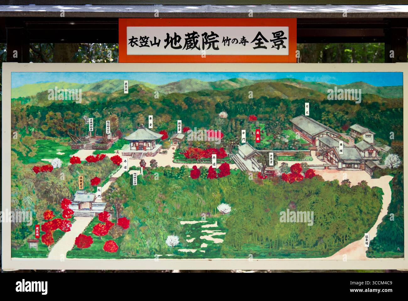 Tempio di Jizo-in (地蔵院), alias: Tempio di bambù (竹の寺), mappa illustrata che mostra l'estensione dei giardini e degli edifici del tempio, Kyoto, Giappone. Foto Stock