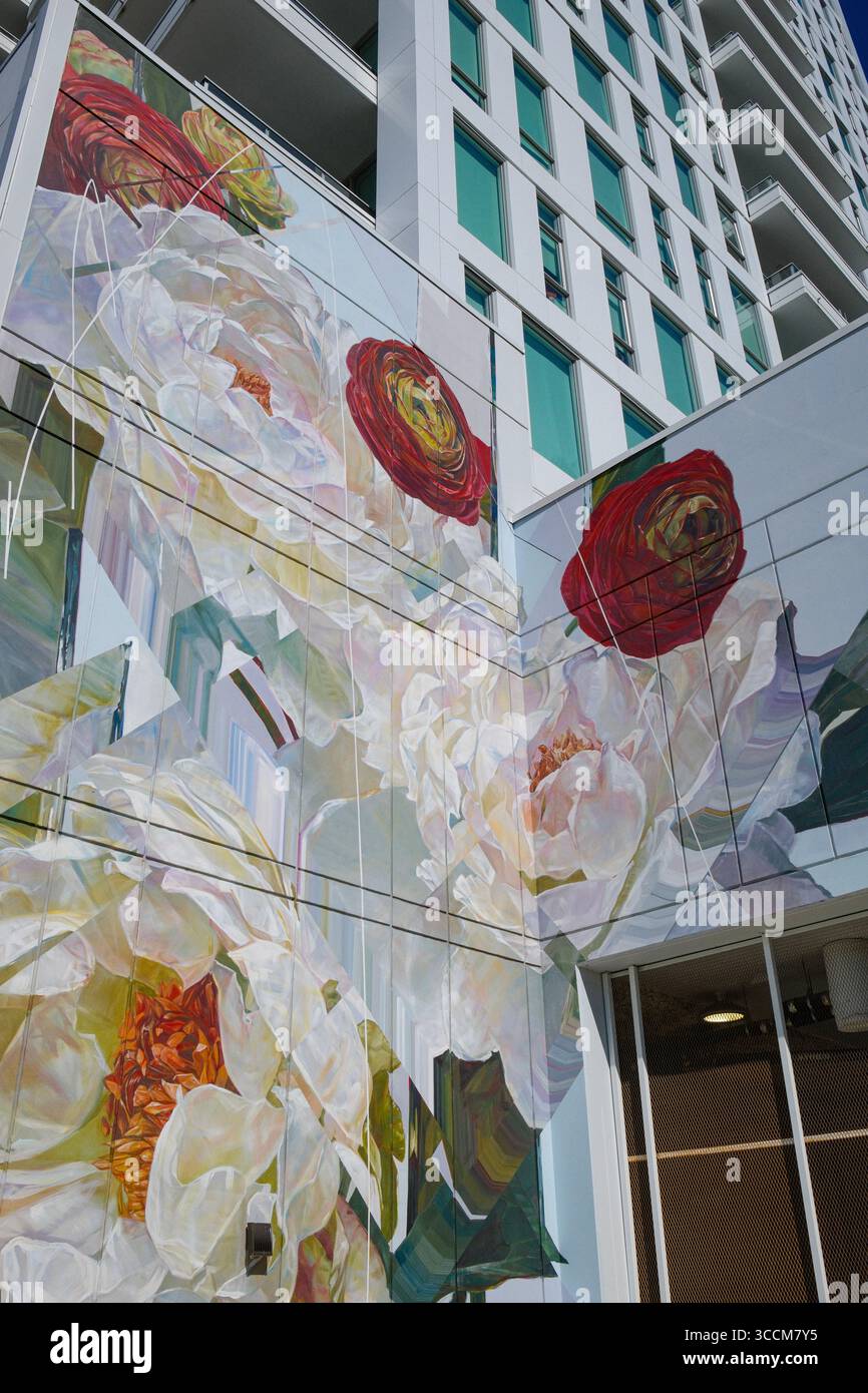 Un murale colorato su un condominio nel River District, Vancouver, British Columbia. Foto Stock
