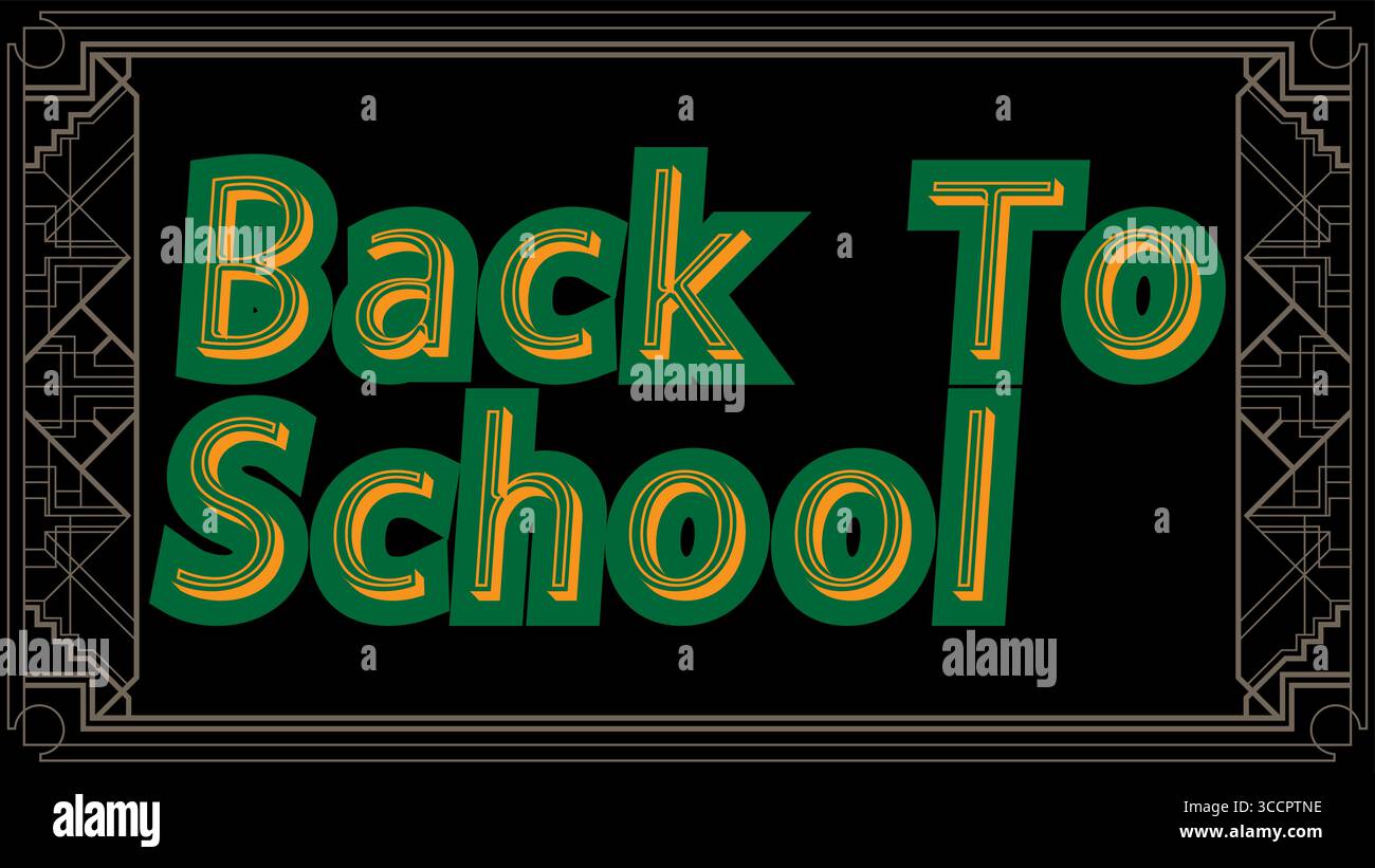 Testo Art Deco Back to School con vecchie cornici, bordi con linee decorative e cornice geometrica per etichette. Illustrazione Vettoriale