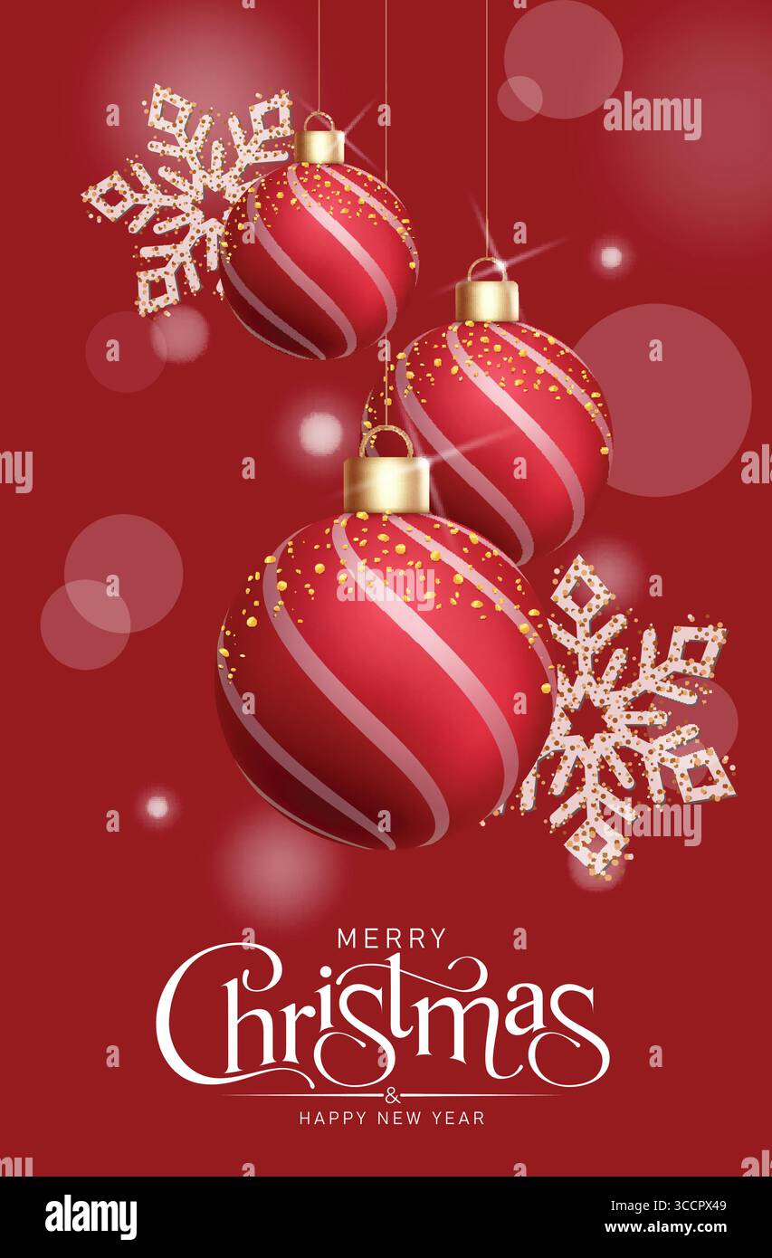 Buon poster natalizio con biglietto di auguri rosso. Buon Natale e felice anno nuovo modello di cartolina clip art con palle bauble con motivo appeso Illustrazione Vettoriale