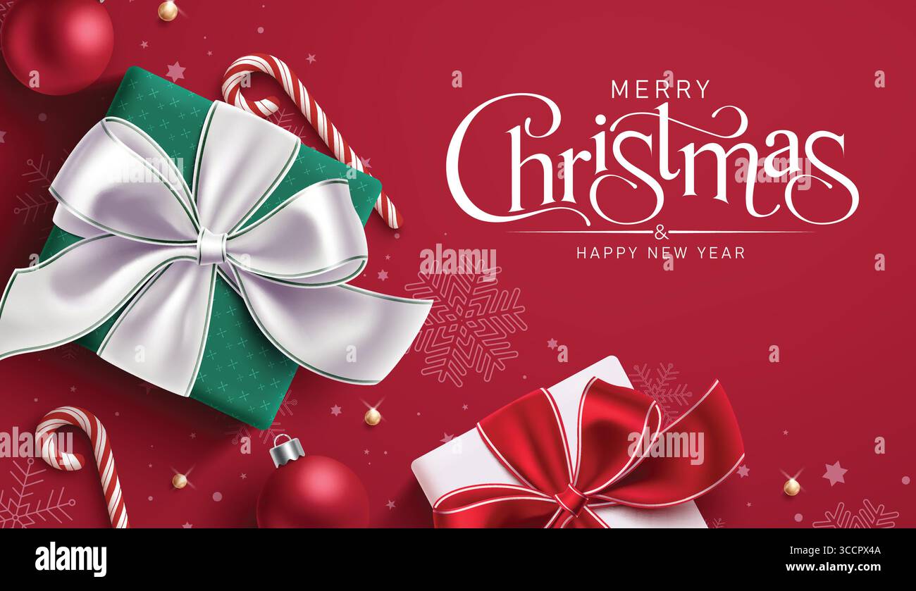 Buon design di clipart per biglietti d'auguri rossi di Natale. Augurando buon Natale e felice anno nuovo modello di tessera con clip art con confezioni regalo in papillon Illustrazione Vettoriale