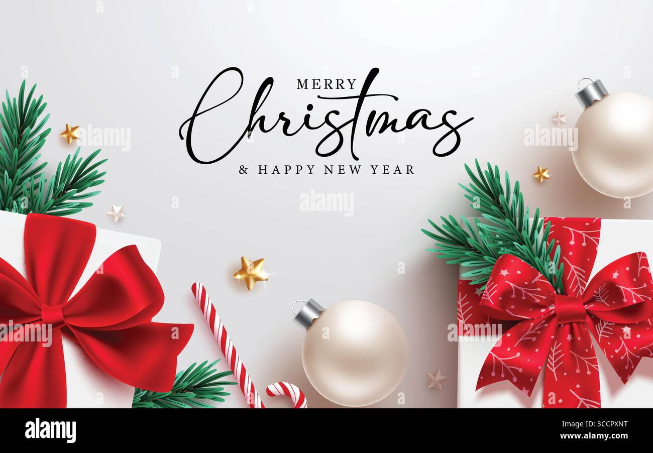 Buon design del banner clipart per biglietti d'auguri bianchi di Natale. Augurando buon Natale e felice anno nuovo modello di tessera banner clipart con decorazione Illustrazione Vettoriale