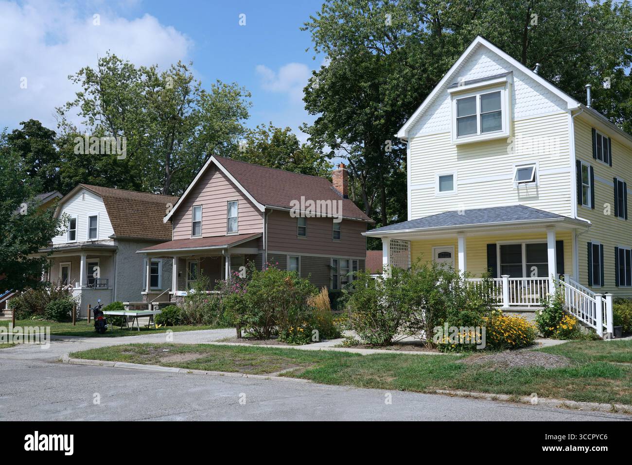 Strada residenziale americana con case colorate in legno di legno di pietra con alberi Foto Stock