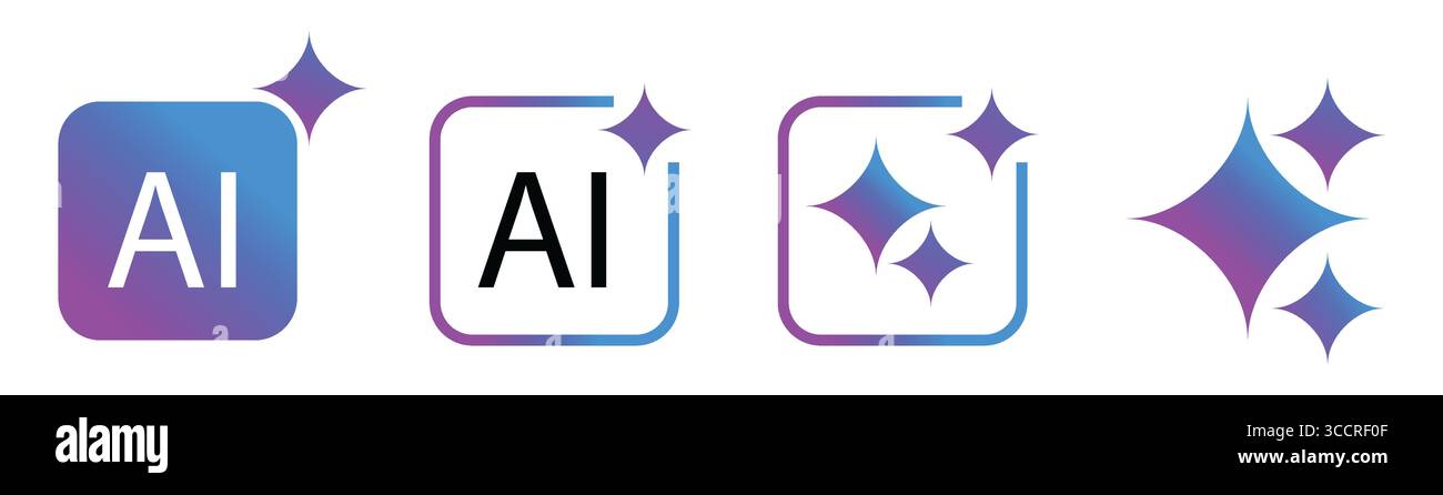 Icone DELL'INTELLIGENZA ARTIFICIALE caratterizzate da una combinazione di colori sfumati e scintillanti elementi a stella, che rappresentano l'intelligenza artificiale e l'innovazione digitale. Illustrazione Vettoriale