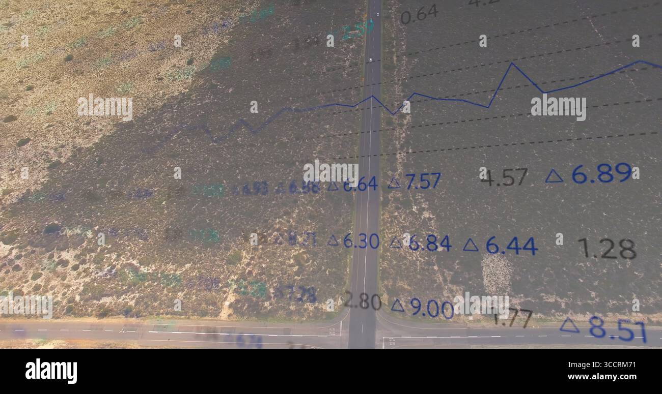 Mostra la vista aerea che interseca le strade asfaltate a due corsie nel deserto aperto, con dati numerici sovrapposti Foto Stock