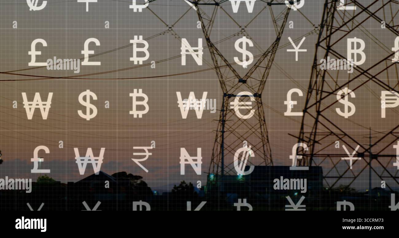 Con linee elettriche che incorniciano la torre contro il cielo crepuscolo sul bordo, con griglia delle icone della valuta e spazio copia Foto Stock