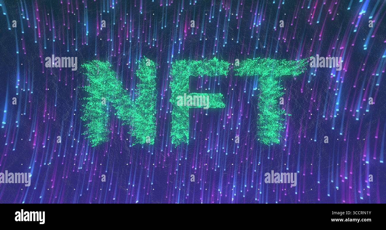 Lettere verdi brillanti NFT che brillano nello spazio artistico virtuale, con striature di luce viola blu a cascata Foto Stock