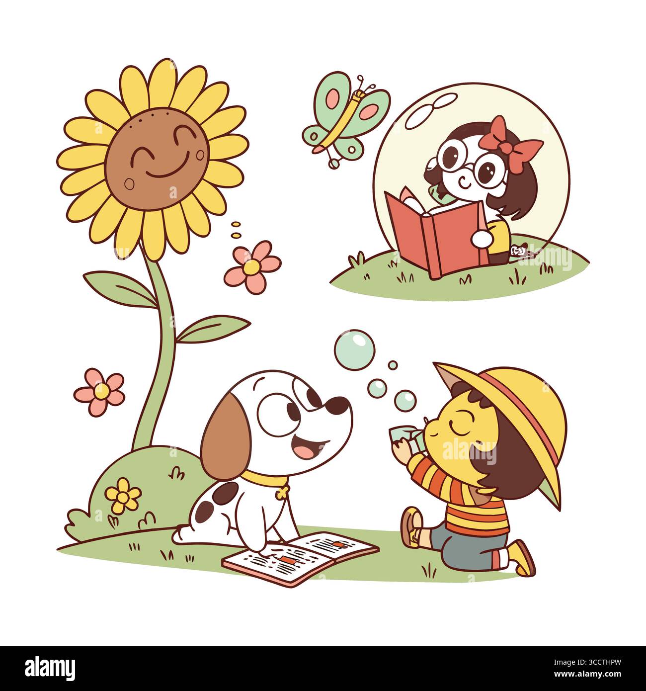 Bambini e animali domestici godono di una giornata di sole in illustrazione di cartone animato Illustrazione Vettoriale