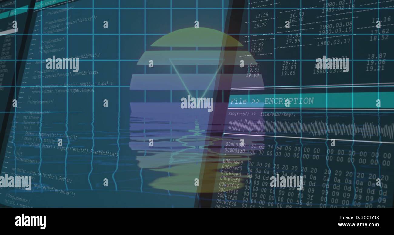 Icona di crittografia stilizzata mobile che mostra i progressi sull'interfaccia digitale, con codice e forma d'onda Foto Stock