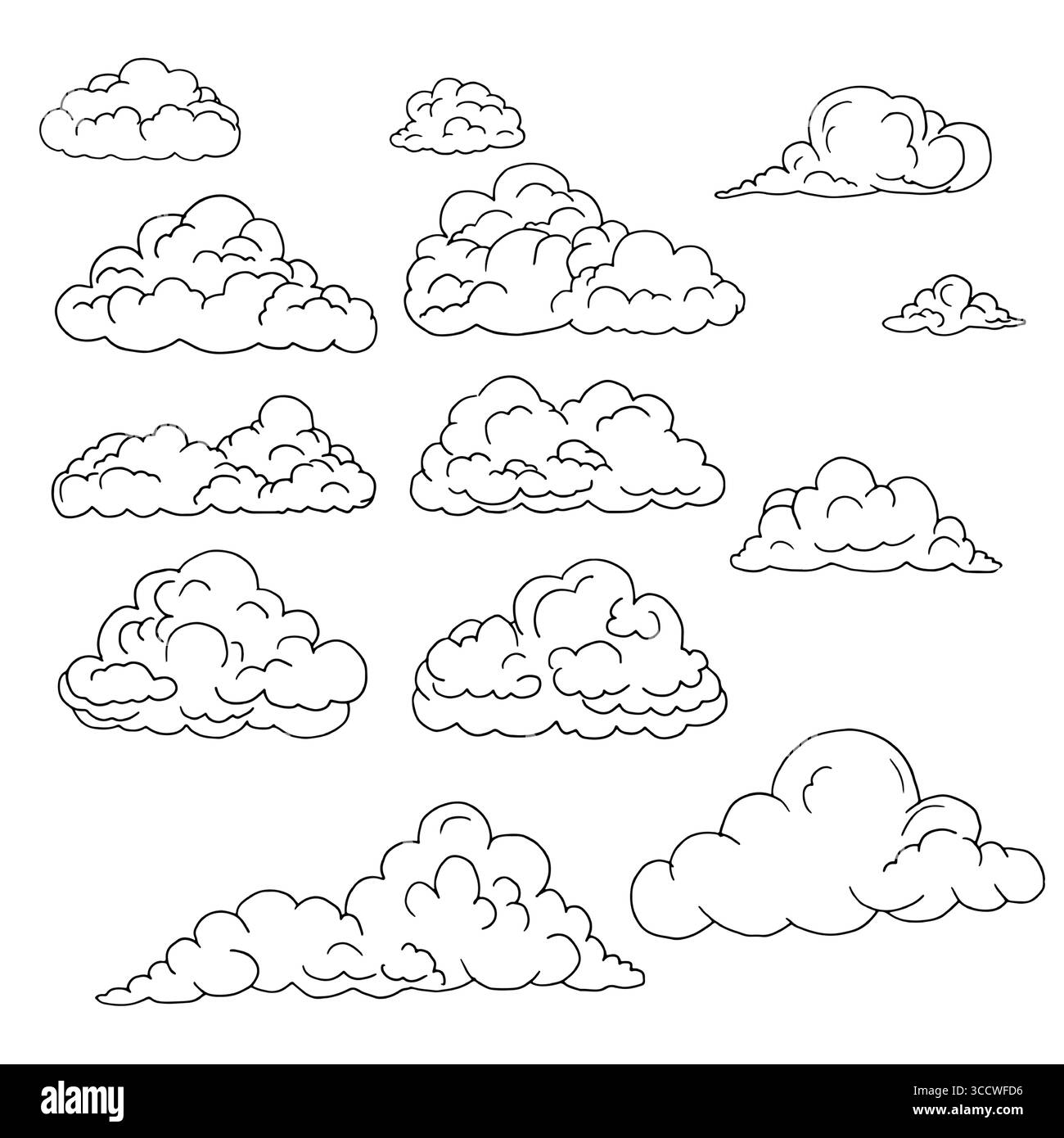Soffici nuvole di forme diverse, schizzi in bianco e nero. Illustrazione vettoriale. Il concetto di fenomeni naturali, nuvole, tempo, isolato su un bianco Illustrazione Vettoriale